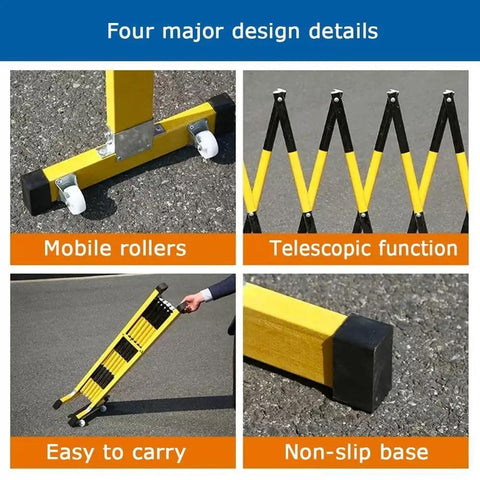 Adjustable Telescopic Safety Barrier With Slick Glide Casters, Grab And Go Pop Up Crowd Control Fence for showcasing mobile rollers and telescopic function.