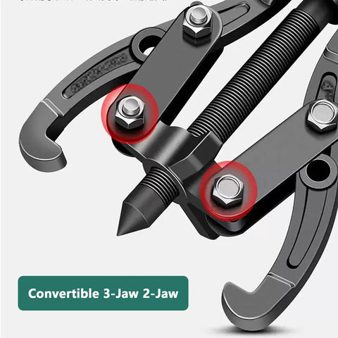 Heavy Duty Gear Puller Toolkit Knocks Out Stubborn Bearings Pulleys With 2 And 3 Jaw Extractors Built Strong. Fits Toolbox Perfectly. A close-up of a carbon steel 3-jaw gear puller with threaded screw.
