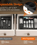 Slick Expandable Silverware Drawer Organizer With Adjustable Dividers For No Sweat Kitchen Storage And Quick Grab Cutlery Access Pretty Darn Spacious Layout Built To Last with 5 and 7 compartments.