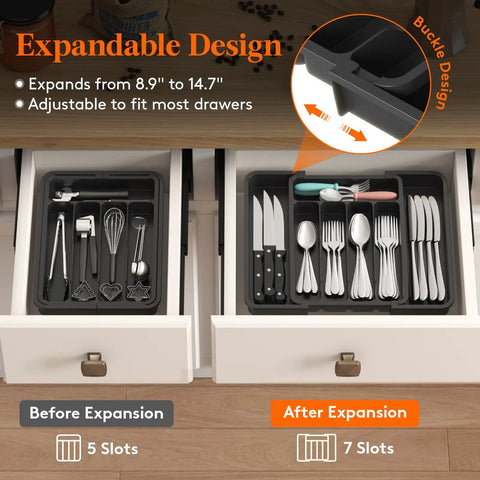 Slick Expandable Silverware Drawer Organizer With Adjustable Dividers For No Sweat Kitchen Storage And Quick Grab Cutlery Access Pretty Darn Spacious Layout Built To Last with 5 and 7 compartments.