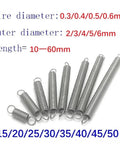Ten Pack Stainless Steel Tension Springs With Hooks Multiple Sizes For Heavy Duty Auto And Industrial Projects That Provide Serious Support To Your Toolkit Essentials in various lengths and diameters.