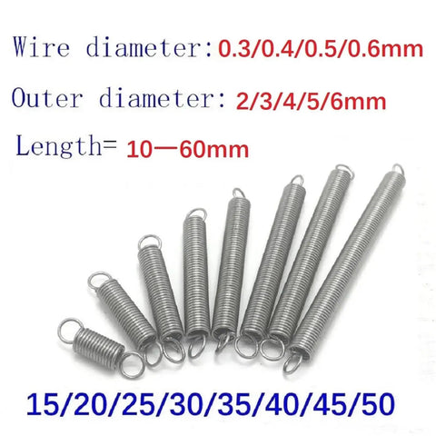 Ten Pack Stainless Steel Tension Springs With Hooks Multiple Sizes For Heavy Duty Auto And Industrial Projects That Provide Serious Support To Your Toolkit Essentials in various lengths and diameters.
