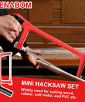 Person using a red mini hacksaw to cut PVC pipe with label 'Mini Hacksaw Set - Widely used for wood, rubber, metal'