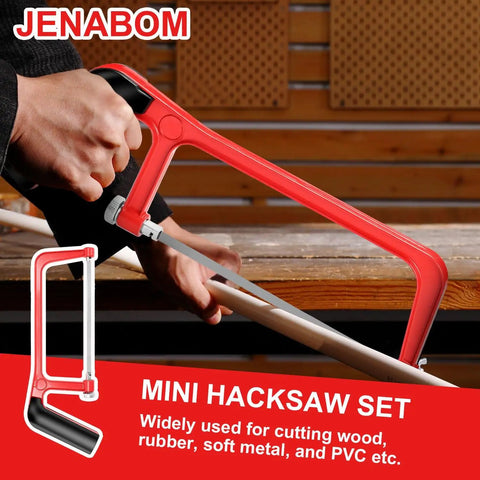 Person using a red mini hacksaw to cut PVC pipe with label 'Mini Hacksaw Set - Widely used for wood, rubber, metal'