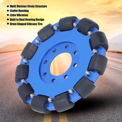 Omni wheel 5in omnidirectional blue aluminium alloy hub with silicone rollers, dual bearings, robot wheel (single wheel)