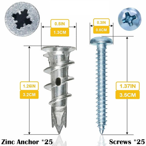 Self Drilling Drywall Anchors With Screws Kit 50 Sets Heavy Duty Wall Mount Anchors For Hanging Cabinets Shelves TVs And More No Fuss Install With Rust Resistant Yellow Zinc Finish, zinc anchor and screw size chart