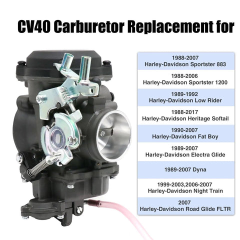 CV40 Carburetor Replacement Kit with Starter Valve for Harley-Davidson models, black color, side view