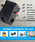 Heavy Duty Air Compressor Pressure Switch Replacement LF10 4H 135-175 PSI 20A Rating Universal Pump Control Valve displayed.