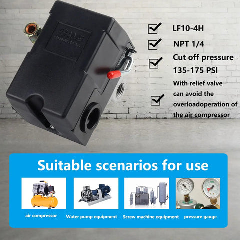 Heavy Duty Air Compressor Pressure Switch Replacement LF10 4H 135-175 PSI 20A Rating Universal Pump Control Valve displayed.