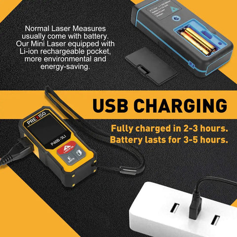 Ultra Compact Laser Distance Meter With 135 Ft Range Rechargeable Battery Handy Mini Tool For Quick DIY Measurements ABS Body Comfortable Grip On The Go Includes Hand Strap, USB charging