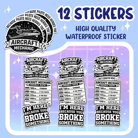12 Piece Aircraft Mechanic Stickers Pack Dope Aviation Decals For Planes And Maintenance Techs, Toolbox, Laptops, Water Bottles