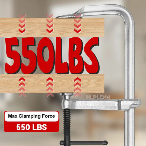 Beefy 12-Inch Heavy-Duty F-Clamps Set For Welding And Metalworking, 550 Lbs Load Capacity, clamping a wooden beam