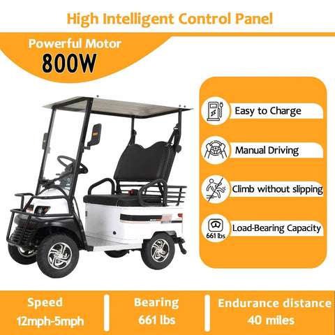 Kick Around With This Hella Smooth Electric Golf Cart Featuring Roomy Storage Box And 800W Motor Power side view showing control panel and seat details.
