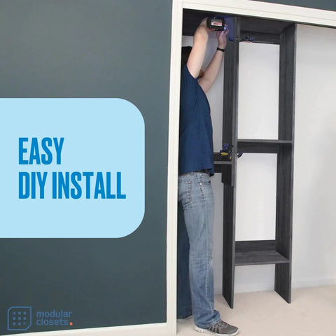 Grey Modular Closet Shelf Tower With 2 Smooth Drawers And Versatile Shelves being installed, showcasing easy DIY assembly process.