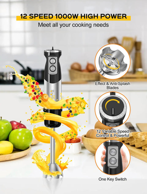 Six In One Immersion Blender With 1000W Motor And 12 Speed Settings in kitchen with fruits; features anti-splash blades.