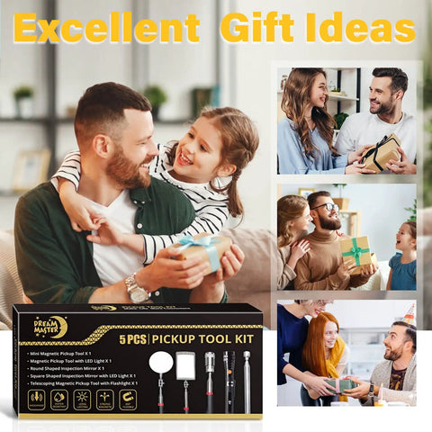 Ultimate Magnetic Pickup Tool Set With 15lb And 1lb Pickup Rods as a gift, multiple people exchanging presents, tool kit box.