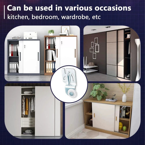 Eight Piece Sliding Closet Door Roller Kit For Top Hung Bypass Tracks Featuring Glides Like Butter Smooth Quiet Wheel Hardware Fits Like A Champ Zero Headache Setup shown in kitchen and wardrobe settings.