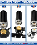 Dual Band Vehicle Mobile Ham Radio Antenna With NMO Mount for Car Truck and Marine Radios, VHF 136-174 MHz UHF 400-470 MHz shown with three mounting options.