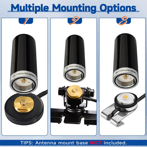 Dual Band Vehicle Mobile Ham Radio Antenna With NMO Mount for Car Truck and Marine Radios, VHF 136-174 MHz UHF 400-470 MHz shown with three mounting options.