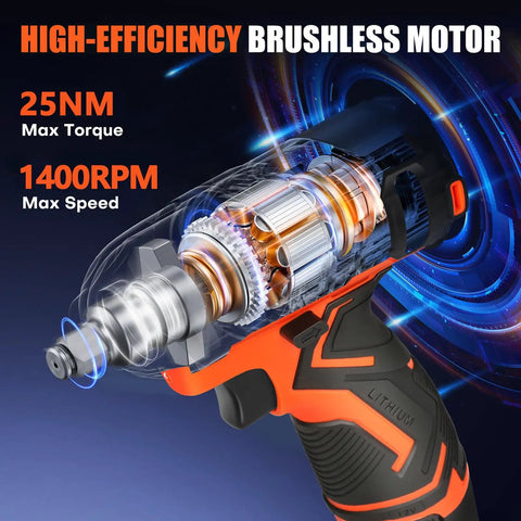 12V Cordless Drill Driver Kit With Three Eighths Inch Keyless Chuck Battery Drill Set With Two Speed Variable 43 Piece Drill Bit And Accessory Kit for Home DIY Projects showing high-efficiency brushless motor, 25Nm max torque, 1400RPM max speed.