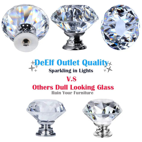 26 Pack Crystal Clear Glass Cabinet Knobs Diamond Cut Drawer Pulls One And A Quarter Inch Diamond, Three Quarter Inch Base