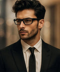 Man wearing Multifocal Reading Glasses With Photochromic Lenses For Indoor Reading And Outdoor Use Adjustable Frame in black