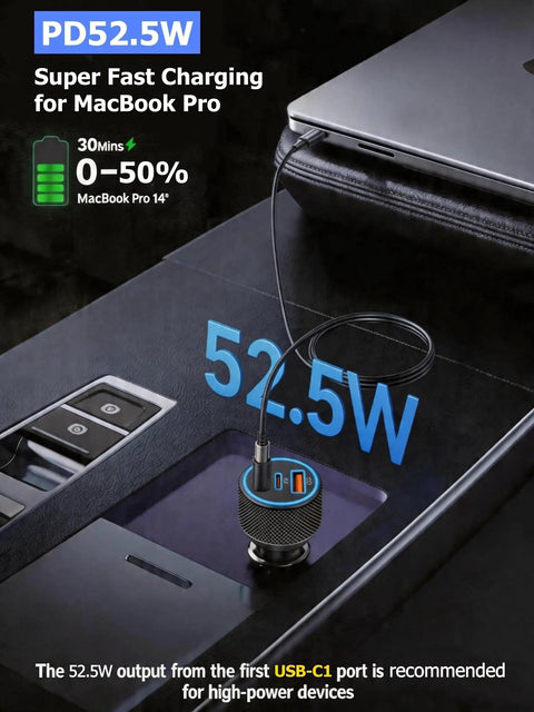 Beast Mode 142.5W Car Charger With Triple Usb Ports delivering Pd And Qc 3.0, charging MacBook Pro with USB-C cable.