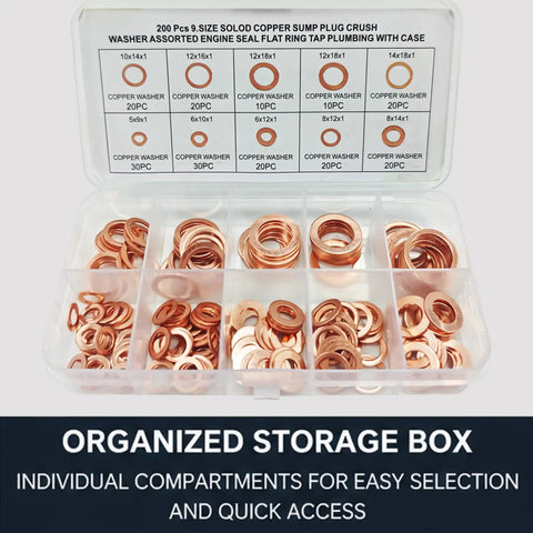 Copper Washers Set 200 Piece Assortment Kit All In One With 9 Sizes Metric Copper Crush Washers Flat Sealing Gaskets For Oil Pan Plug Universal Automotive Washer Kit For Cars Trucks Motorcycles Gold Finish in organized storage box