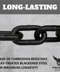 Close-up of a Quarter Inch By Ten Foot Grade 80 Transport Binder Chain With Two Clevis Grab Hooks For Tie Down And Towing Heavy Duty 3500 Lbs WLL And 14000 Lbs Break Strength, showing blackened steel links.