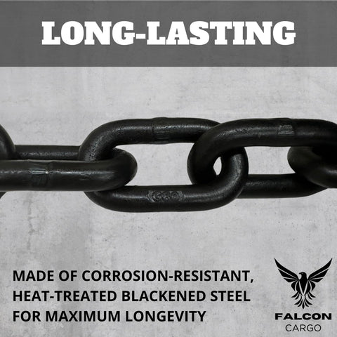 Close-up of a Quarter Inch By Ten Foot Grade 80 Transport Binder Chain With Two Clevis Grab Hooks For Tie Down And Towing Heavy Duty 3500 Lbs WLL And 14000 Lbs Break Strength, showing blackened steel links.