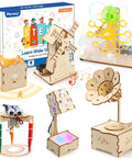 Six In One STEM Kit For Kids Ages 8 To 13, featuring wooden 3D puzzles and building projects with music and light effects