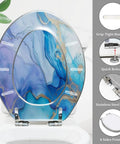 Toilet Seat Cover Elongated Quiet Close for Bathroom with blue abstract design, stainless steel hinges, and grip-tight bumpers.