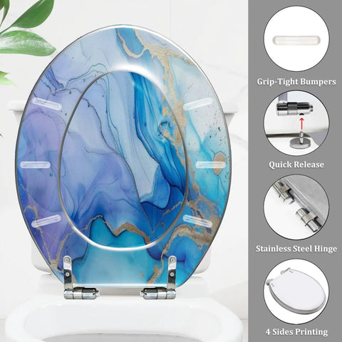 Toilet Seat Cover Elongated Quiet Close for Bathroom with blue abstract design, stainless steel hinges, and grip-tight bumpers.