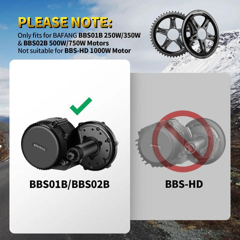 Diagram showing compatibility of 48T Chain Ring For BBS02B Mid Drive Motor with BBS01B/BBS02B but not BBS-HD