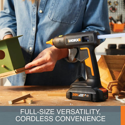 20V Cordless Full Size Hot Glue Gun With 382°F High Heat, 3-Minute Preheat used for crafting a wooden birdhouse