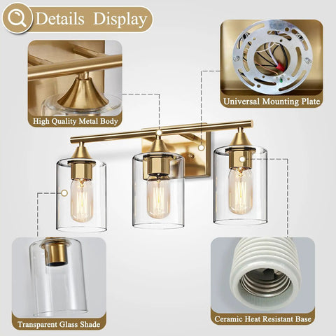 Details of three light vanity light fixture with clear glass shades in matte black finish, includes universal mounting plate.