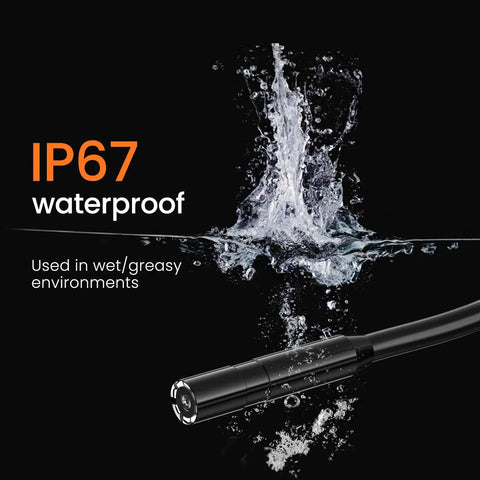 Dope Borescope Camera With Light 16.4 Ft Semi Rigid Probe showing IP67 waterproof in water splash image