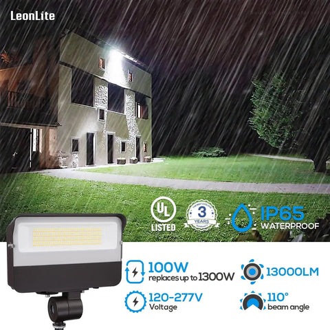 3CCT 100W Knuckle Mount LED Flood Light With 13,000LM, Outdoor Security Flood Light, illuminating a house and lawn at night