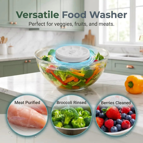 Produce Cleaner For Fruits And Veggies Upgraded Washing Device with vegetables in a glass bowl on kitchen counter