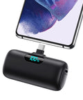 Ultra Compact 5000mAh Power Bank 15W PD Fast Charge LCD Screen charging an iPhone with 100% battery indicator.