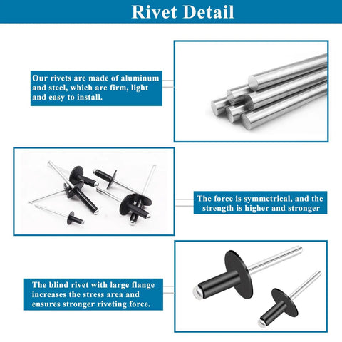 Rivet details of 210 Piece Black Pop Rivet Kit With Large Flange Aluminum Rivets In Seven Sizes One Eighth Inch Three Sixteenths Inch One Quarter Inch For DIY Projects Pro Grade Auto Repairs And More Case Included, showing large flange and durability.