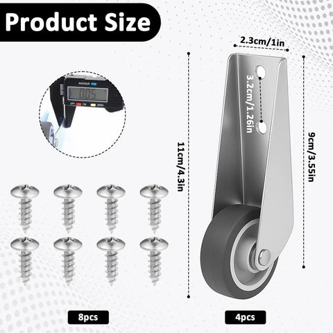 Set Of 4 Heavy Duty Gate Caster Wheels Replacement Smooth Rolling Recessed Trackers Upgrade Your Outdoor Gate With Rock Solid Rust Resistant Steel And Zero Hassle Screw Install, featuring size measurements and screws.