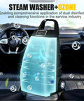 Get Rid Of Stubborn Grime With This Badass Commercial Steam Cleaner visible in a car interior, showcasing ozone cleaning features.
