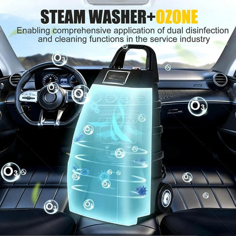 Get Rid Of Stubborn Grime With This Badass Commercial Steam Cleaner visible in a car interior, showcasing ozone cleaning features.