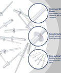 50 Piece Aluminum Blind Rivets Set One Eighth Inch By Three Quarter Inch Domed Head Long Split Rivets With Steel Mandrels For Metal Furniture Automotive Silver, showing smooth surface and core-pulling feature.
