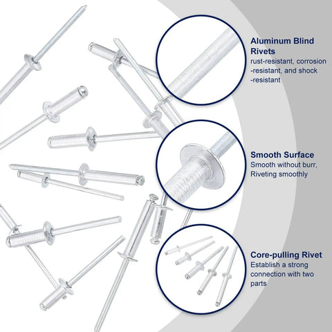 50 Piece Aluminum Blind Rivets Set One Eighth Inch By Three Quarter Inch Domed Head Long Split Rivets With Steel Mandrels For Metal Furniture Automotive Silver, showing smooth surface and core-pulling feature.