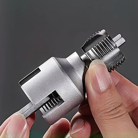 Badass 4 In 1 Pipe Threader Wrench Heavy Duty For Internal And External Threading, held in hand with steel texture and detail.
