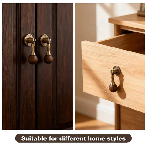 Antique Tear Drop Walnut Drawer Pulls Set Two Pack With Screws on dark wooden cupboard and light wooden dresser drawers