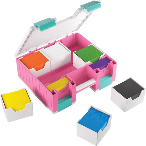 Castle All In One Double Sided Card And Accessory Storage Case With 19 Removable Trays in pink with open compartments for cards