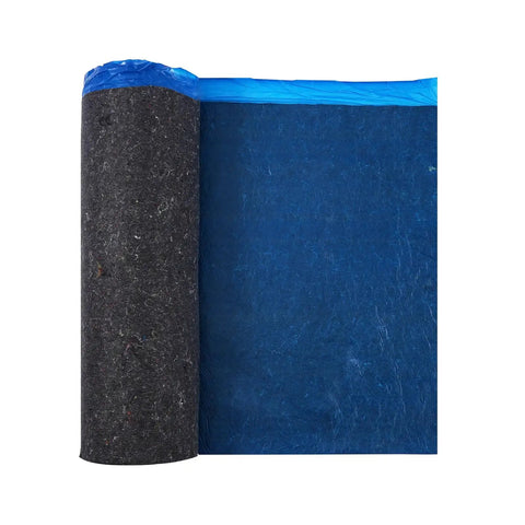 Heavy Duty Floor Underlayment Covers Four Hundred Square Feet featuring integrated vapor barrier and acoustic core, showing black roll with blue edge.